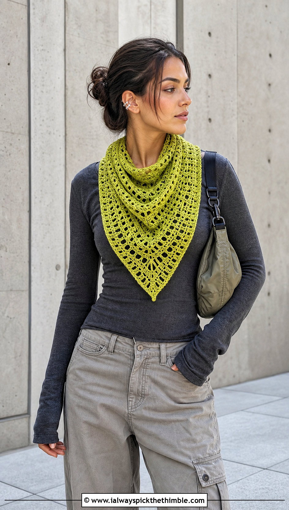 Openwork Crochet Shawl Scarf With Cargo Pants - 20 crochet shawl scarf outfit ideas