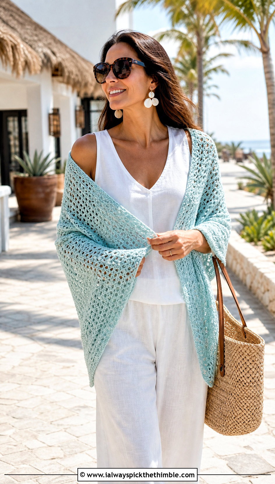 Openwork Crochet Shawl With Linen Set And Sandals - 20 Stevie Nicks Crochet Shawl outfit ideas