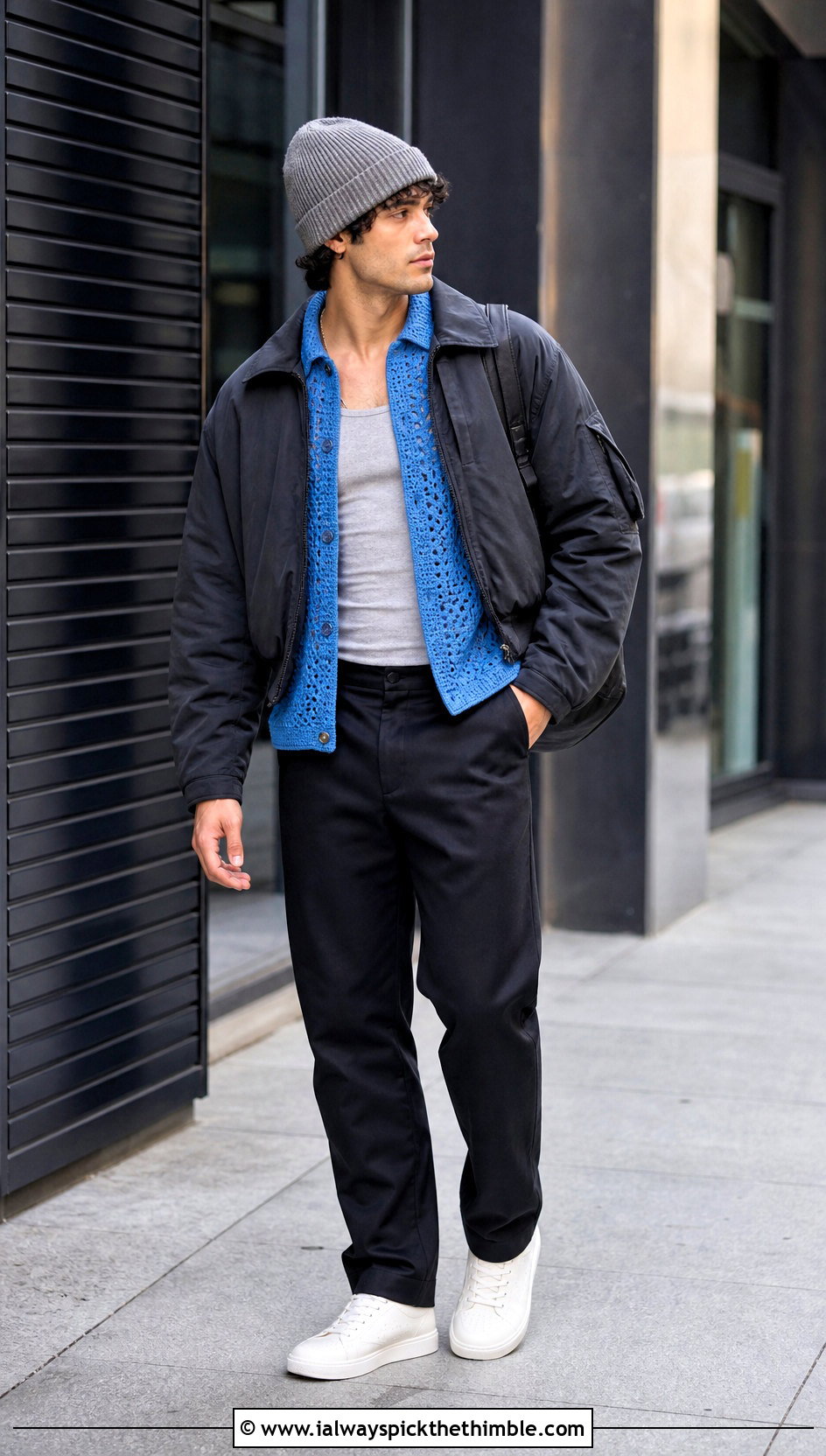 Openwork Crochet Shirt With A Bomber Jacket - 25 men's crochet shirt outfit ideas