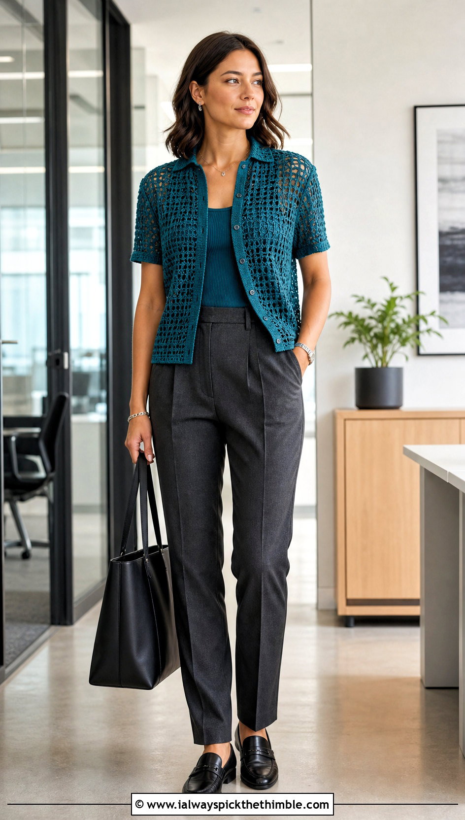 Openwork Crochet Shirt With Tailored Trousers - 15 crochet short sleeve shirt outfit ideas