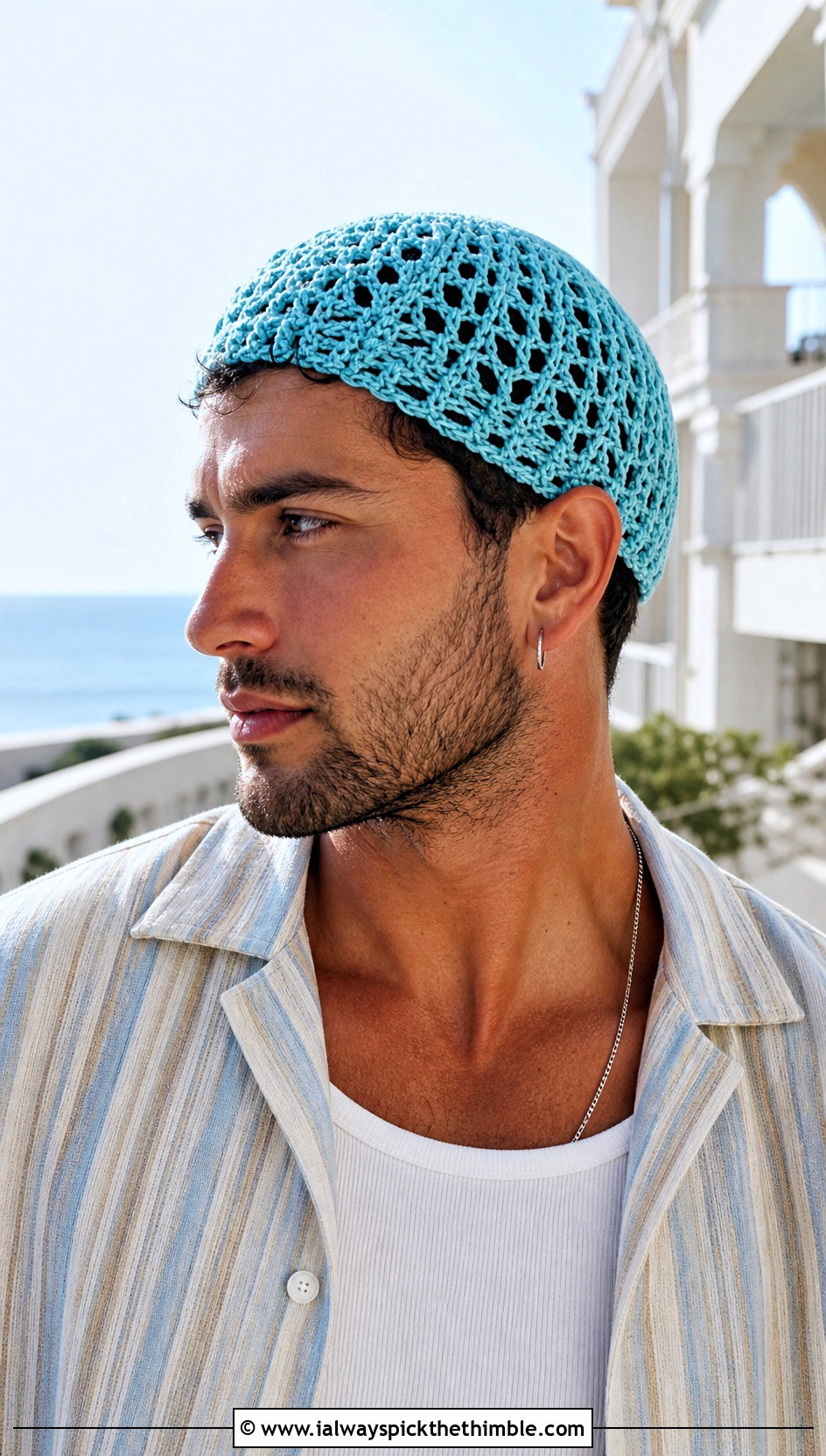Openwork Crochet Skull Cap With Resort Shirt - 20 Crochet Skull Cap For Men outfit ideas