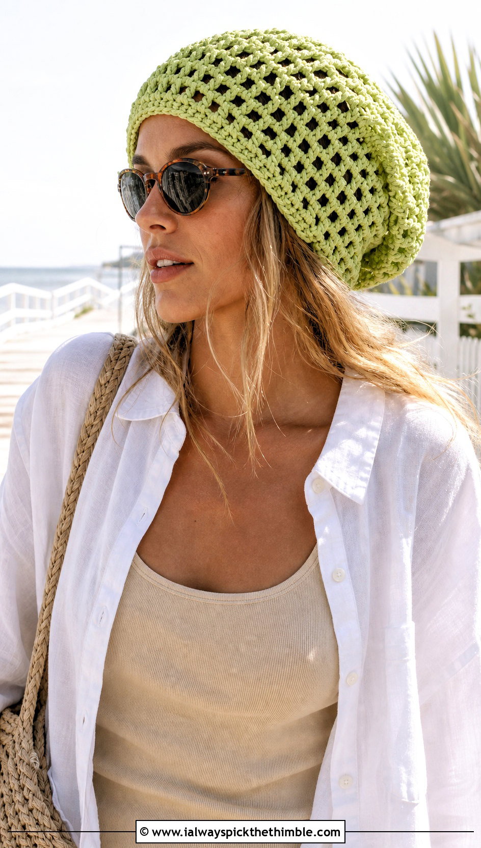 Openwork Crochet Slouchy Hat With Linen Shirt And Shorts - 25 crochet slouchy hat outfit ideas
