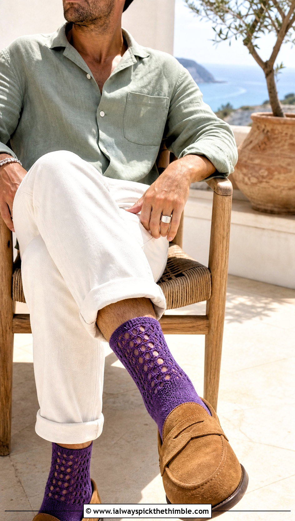 Openwork Crochet Socks With Linen Shirt And White Jeans - 25 crochet socks for men outfit ideas