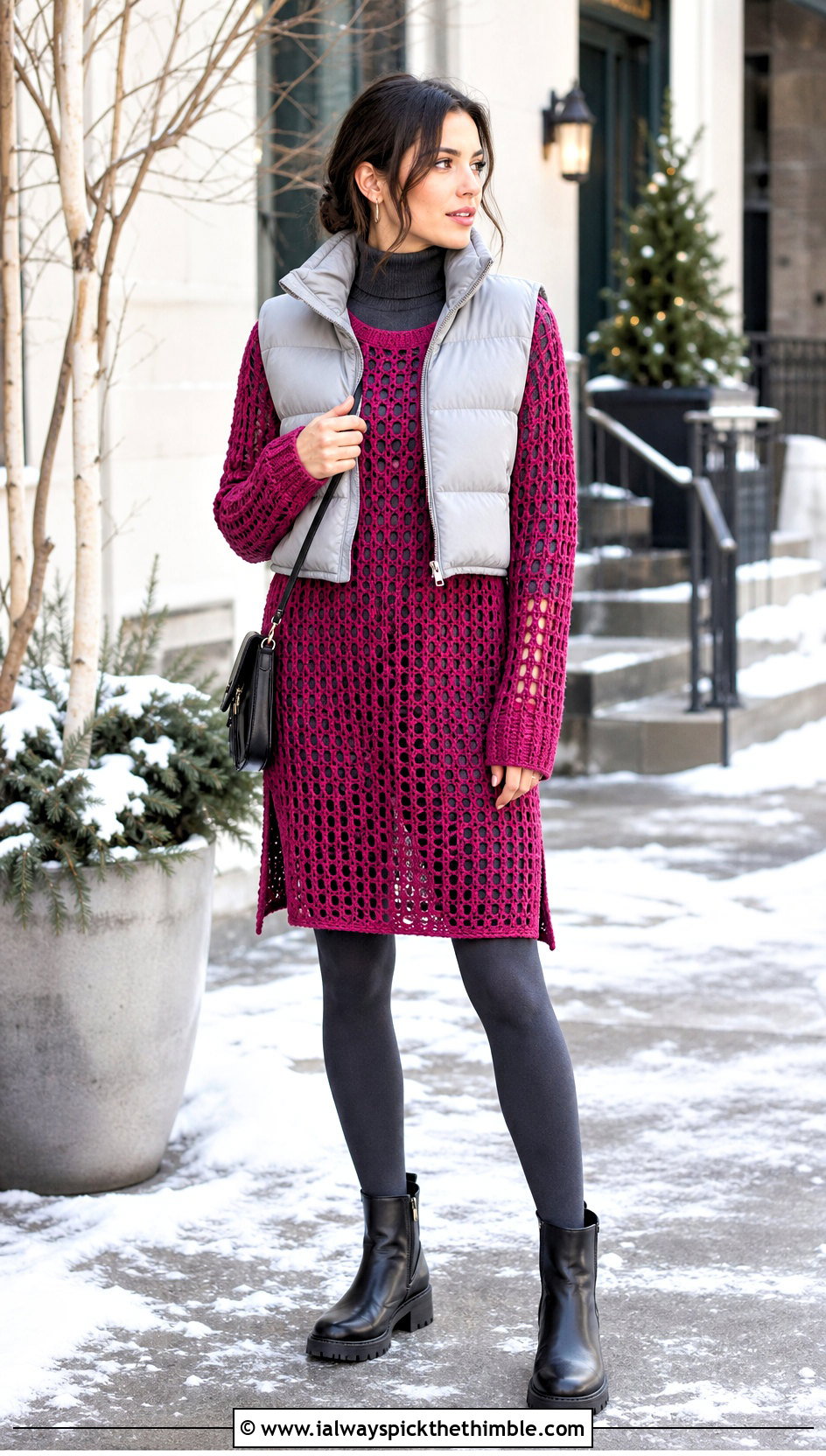 Openwork Crochet Sweater Dress With Puffer Vest - 15 handmade crochet dress ideas