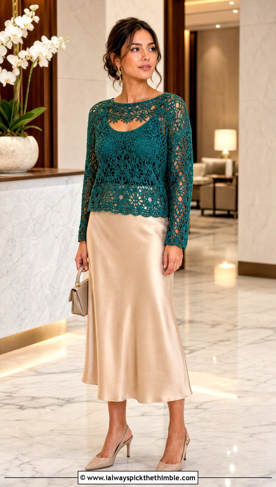 Openwork Crochet Sweater With Satin Midi Skirt - 20 Fire Crochet Sweater outfit ideas