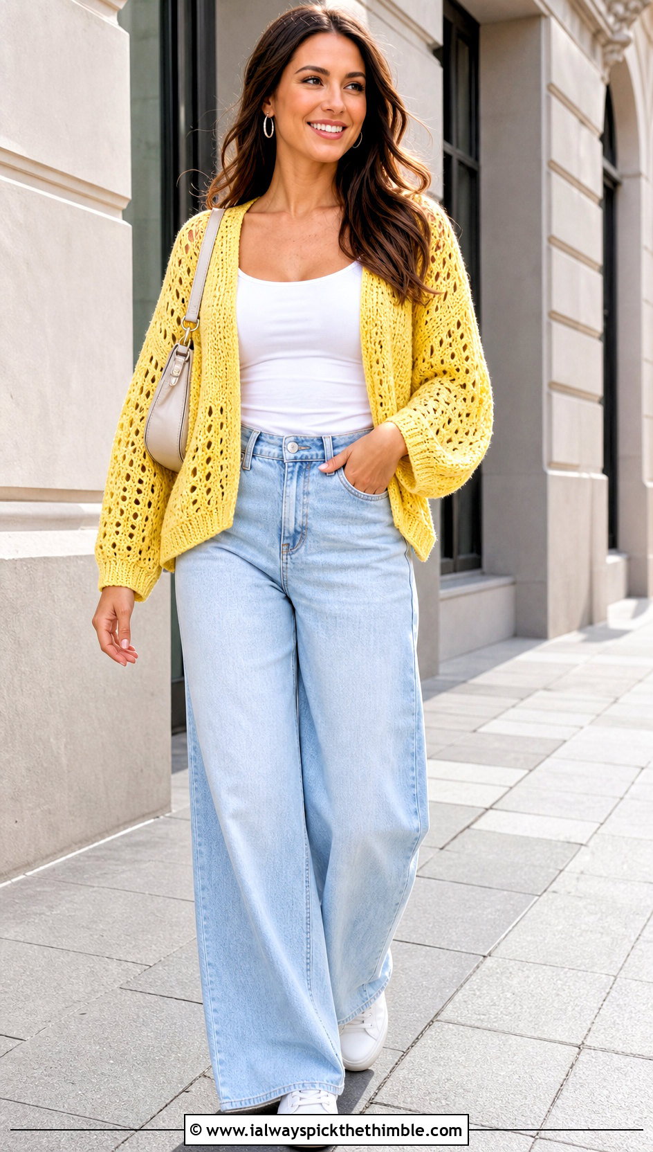 Openwork Crochet Sweater With Wide Leg Jeans - 25 crochet sweater women outfit ideas