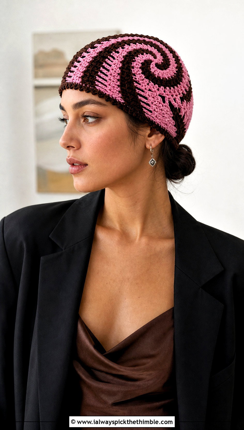 Openwork Crochet Swirl Beanie With Satin Slip Dress And Blazer - 15 crochet swirl beanie outfit ideas