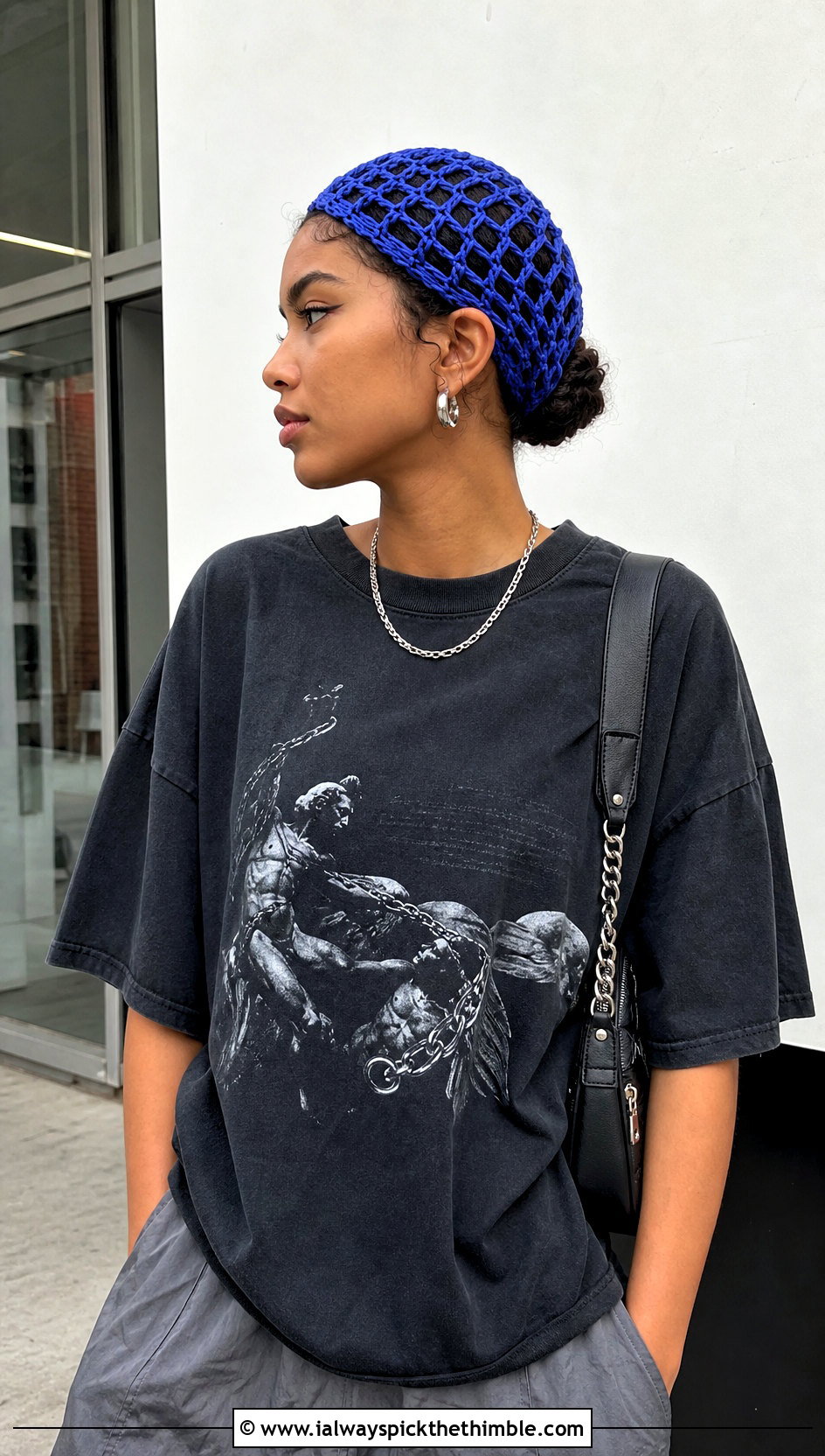 Openwork Crochet Tiny Hairnet Cap With Graphic Tee - 25 crochet tiny hat outfit ideas