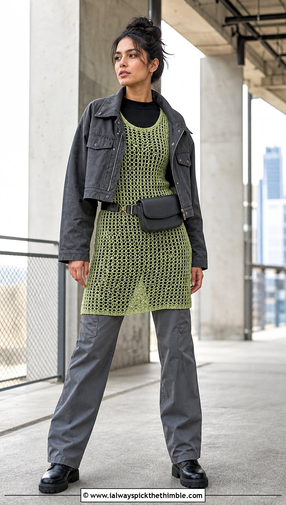 Openwork Crochet Tunic Dress With Cargo Pants - 20 crochet dress for winter outfit ideas