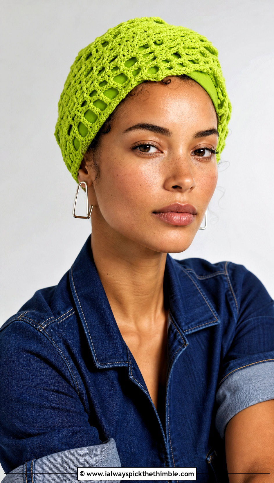 Openwork Crochet Turban Hat With Denim Jumpsuit - 15 crochet turban style hat outfit ideas