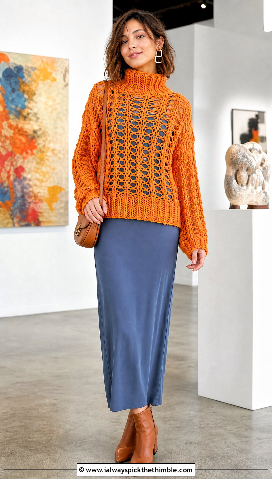 Openwork Crochet Turtleneck Sweater Over A Column Dress - 20 crochet turtleneck sweater outfit ideas