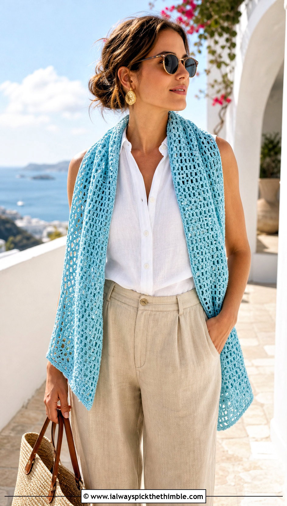 Openwork Crochet Wide Scarf With Linen Outfit - 20 Crochet Wide Scarf outfit ideas