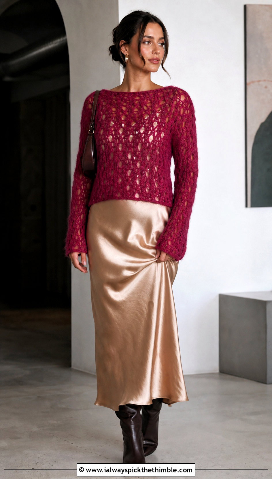 Openwork Crochet Wool Sweater Top With Slip Dress - 25 crochet wool top outfit ideas
