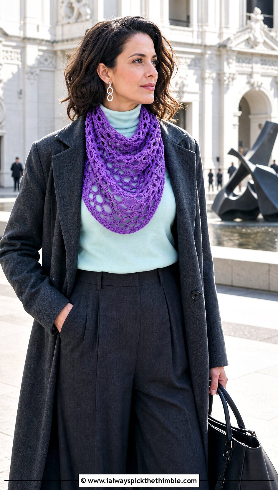 Openwork Crocheted Cowl With Wool Coat - 20 Crocheted Cowl outfit ideas