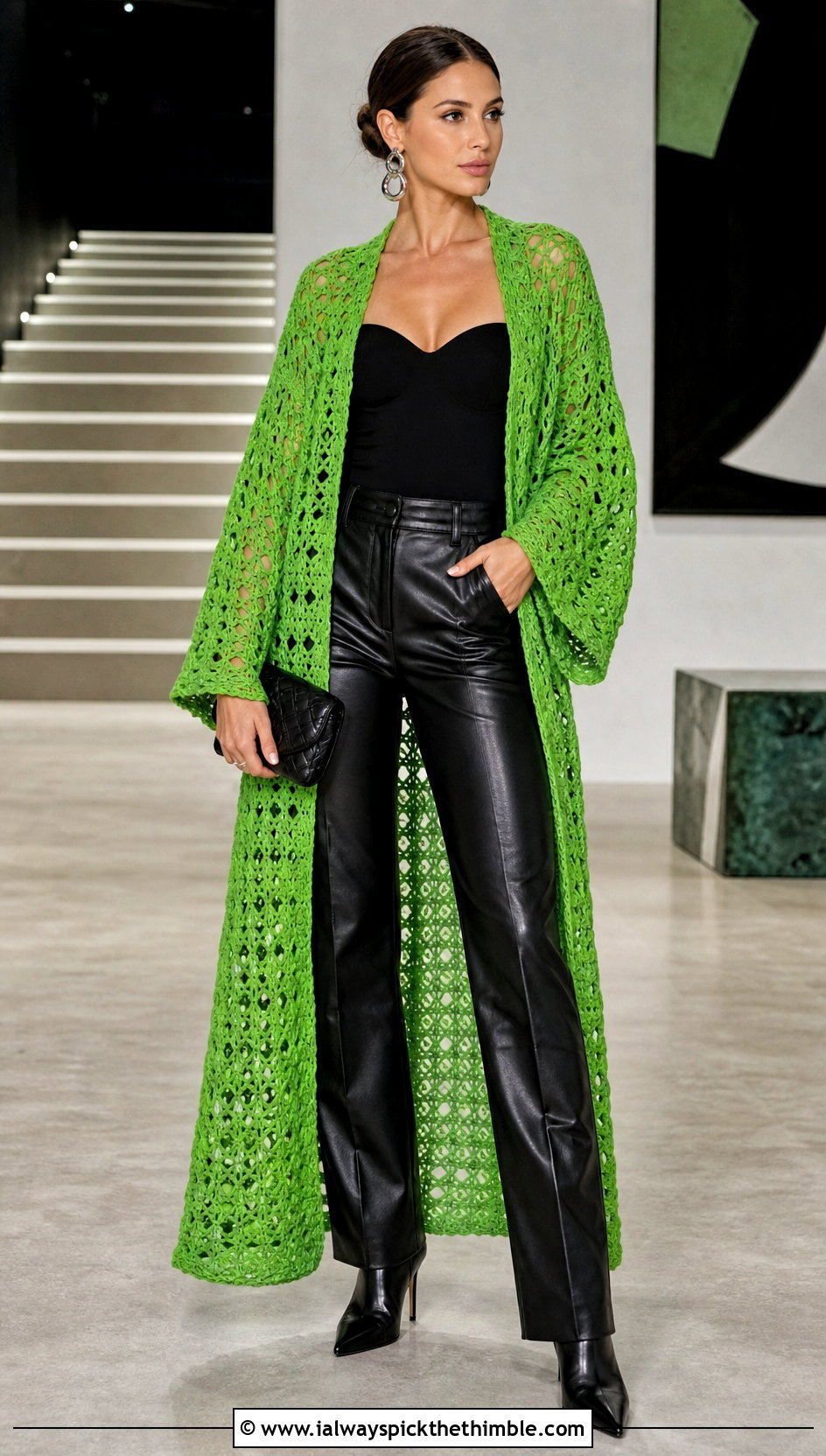 Openwork Crocheted Kimono With Leather Pants - 20 Crocheted Kimono outfit ideas