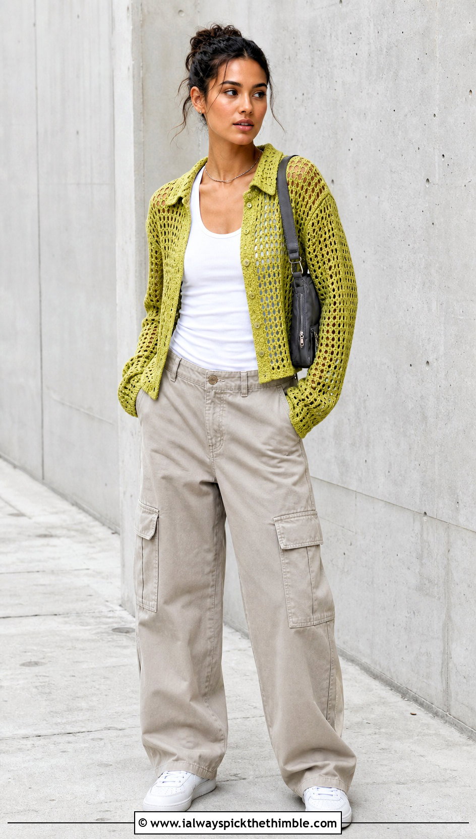Openwork Crocheted Shirt With Cargo Pants - 25 Crocheted Shirt outfit ideas