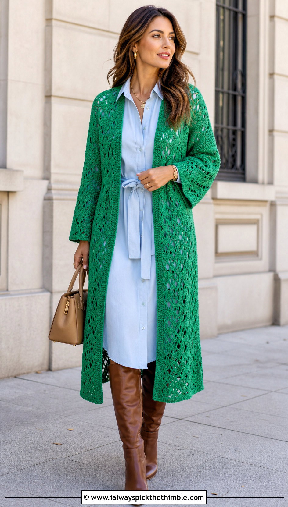 Openwork Crocheted Sweater Coat With Shirt Dress - 15 colorful crocheted sweater coat outfit ideas