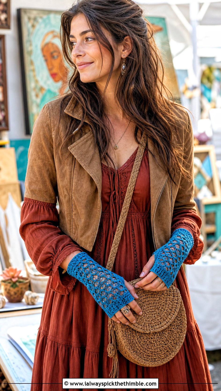 Openwork DK Yarn Crochet Fingerless Gloves With Maxi Dress And Clogs - 20 dk yarn crochet fingerless gloves outfit ideas