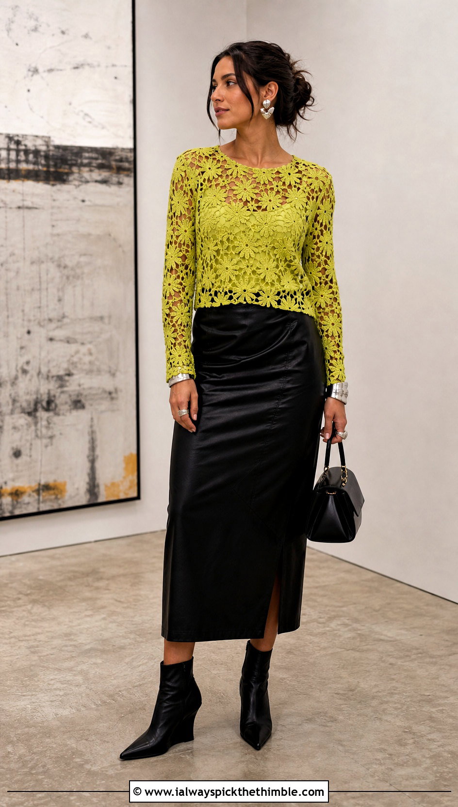 Openwork Daisy Jones Top With Leather Midi Skirt - 15 Crochet Daisy Jones Top outfit ideas