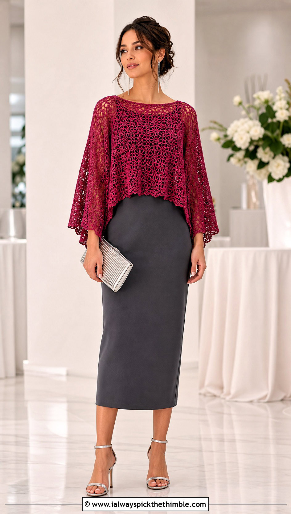 Openwork Dolman Sleeve Crochet Top Over A Column Dress - 25 crochet sleeve top outfit ideas