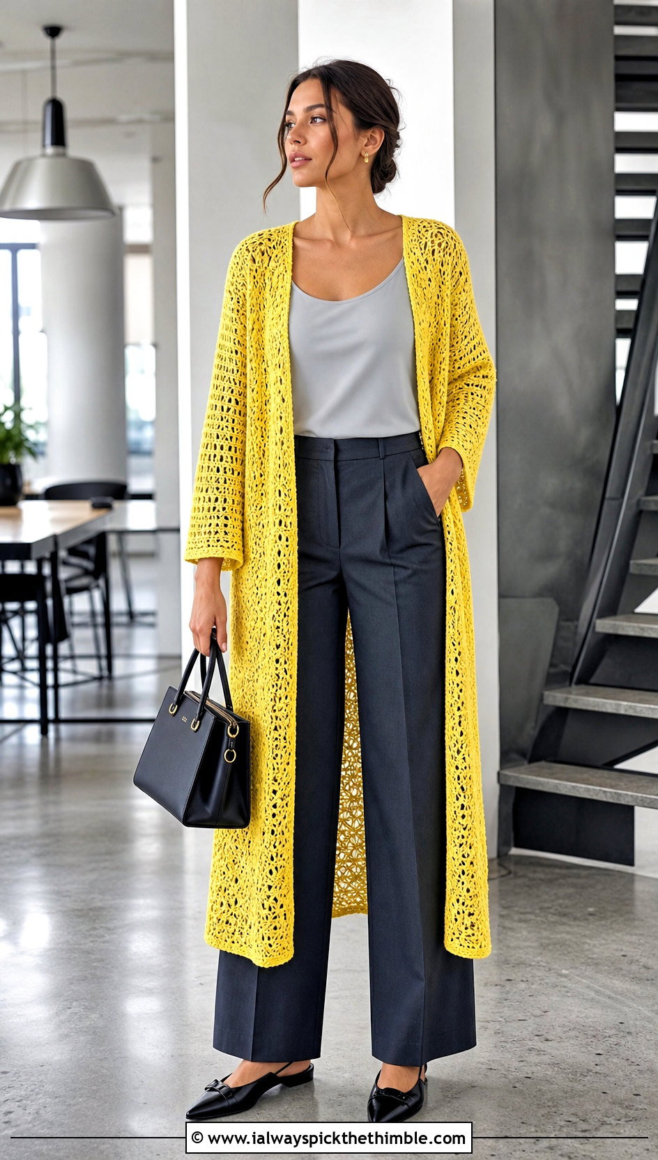 Openwork Duster Crochet Coat With Tailored Trousers - 15 crochet coat size m outfit ideas