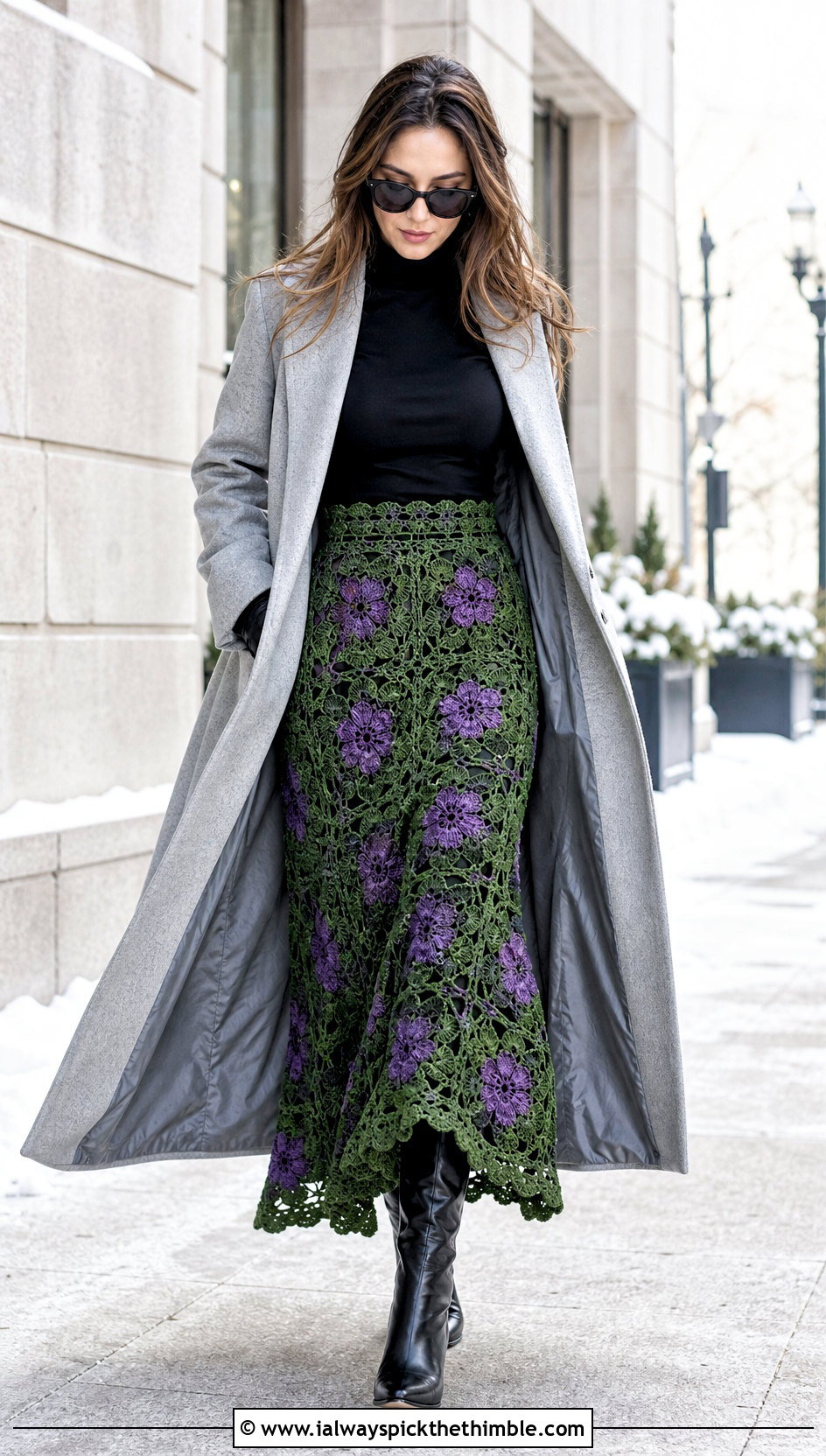 Openwork Flower Crochet Maxi Skirt With Turtleneck And Coat - 25 crochet flower skirt outfit ideas