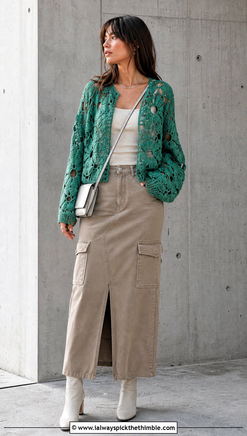 Openwork Flower Sweater With Cargo Maxi Skirt - 25 crochet sweater with flowers outfit ideas