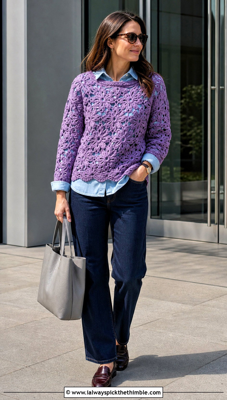 Openwork Flower Sweater With Denim Shirt - 20 crochet flowers on sweater outfit ideas