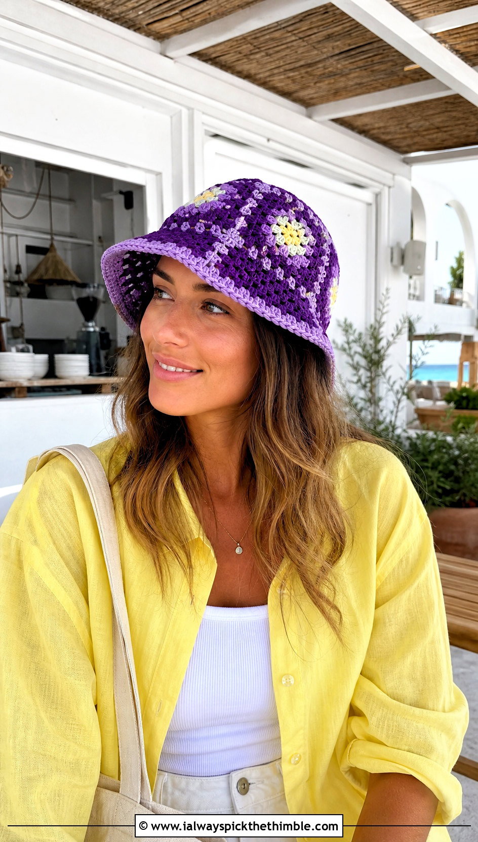 Openwork Granny Square Bucket Hat With Linen Set And Sandals - 20 crochet square hat outfit ideas