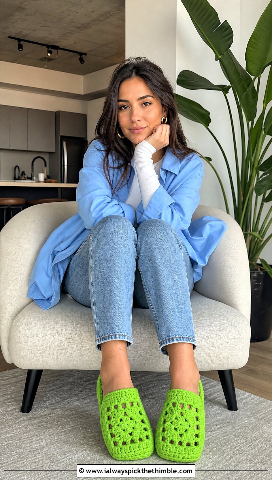 Openwork Granny Square Crochet Slippers With Jeans - 20 Easy Granny Square Crochet Slippers outfit ideas