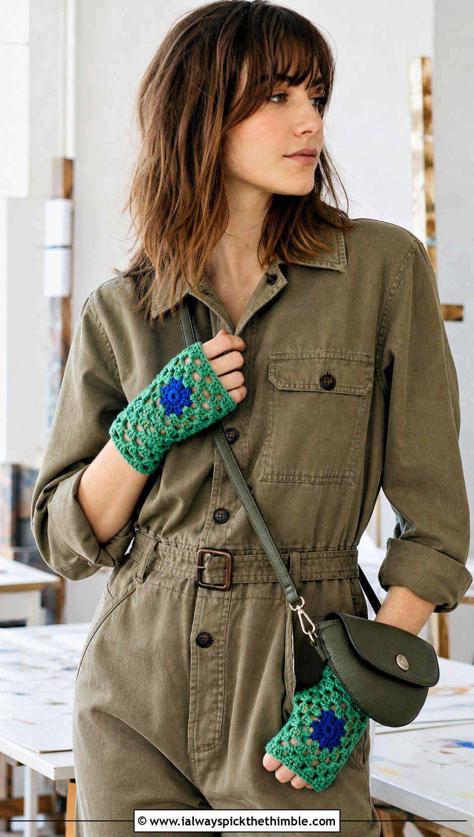 Openwork Granny Square Fingerless Gloves With Utility Jumpsuit - 25 granny square fingerless gloves outfit ideas