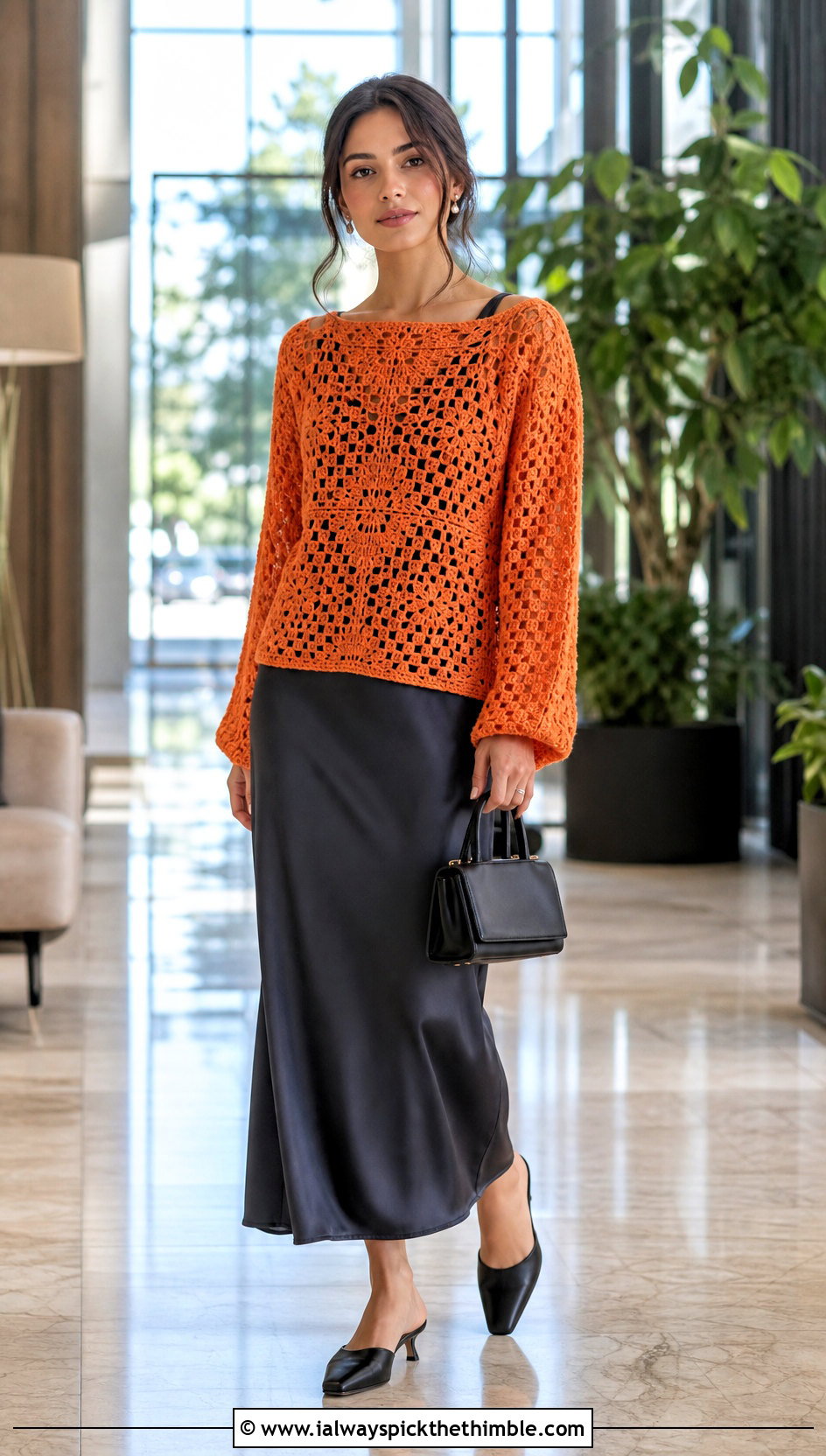 Openwork Granny Square Jumper Over A Slip Dress - 25 crochet granny square jumper outfit ideas