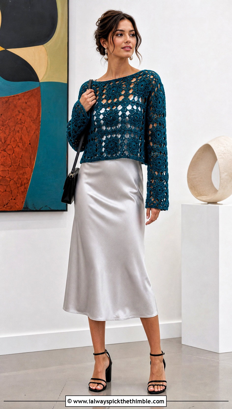 Openwork Granny Square Sweater With Slip Dress - 25 crochet granny square sweater outfit ideas