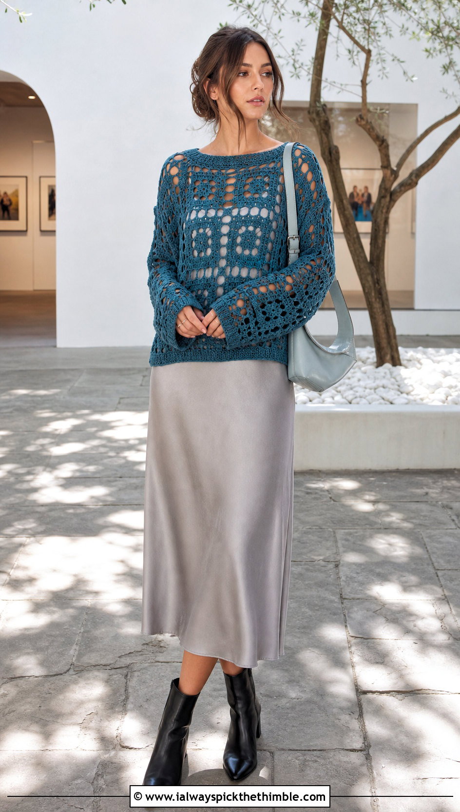 Openwork Granny Square Sweater With Slip Dress - 20 easy granny square sweater outfit ideas