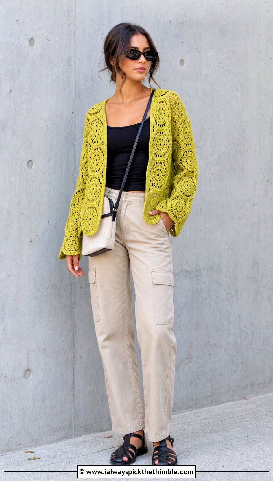 Openwork Hexagon Cardigan With Cargo Pants - 25 crochet hexagon sweater outfit ideas