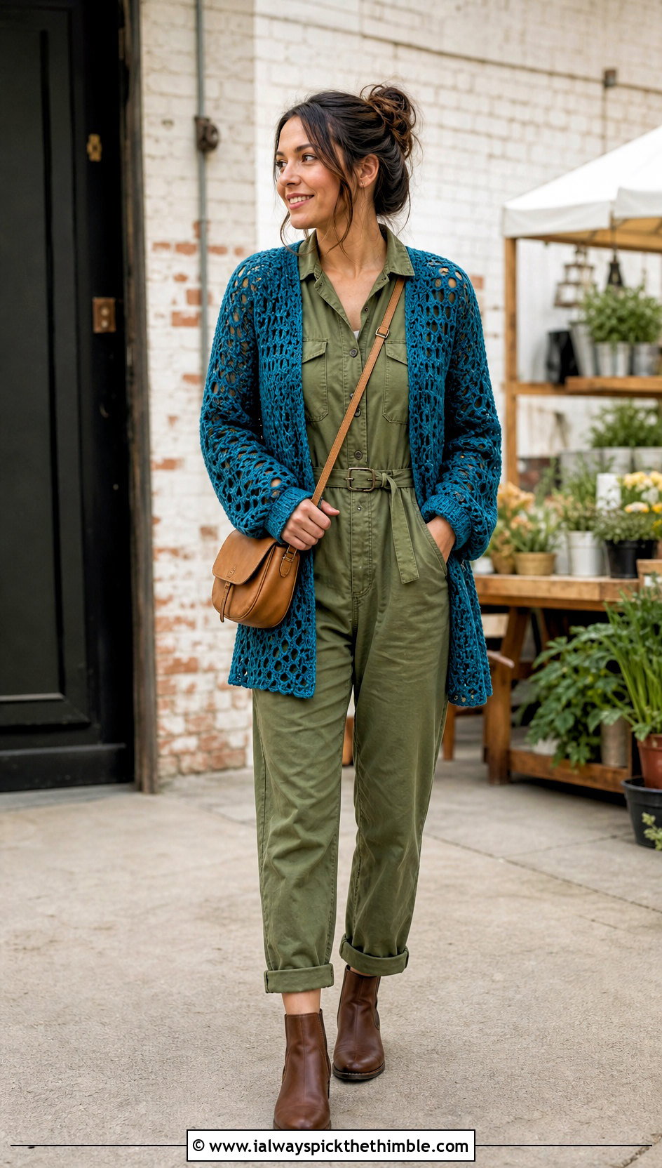 Openwork Hexi Crochet Cardigan With Utility Jumpsuit - 25 hexi crochet cardigan outfit ideas