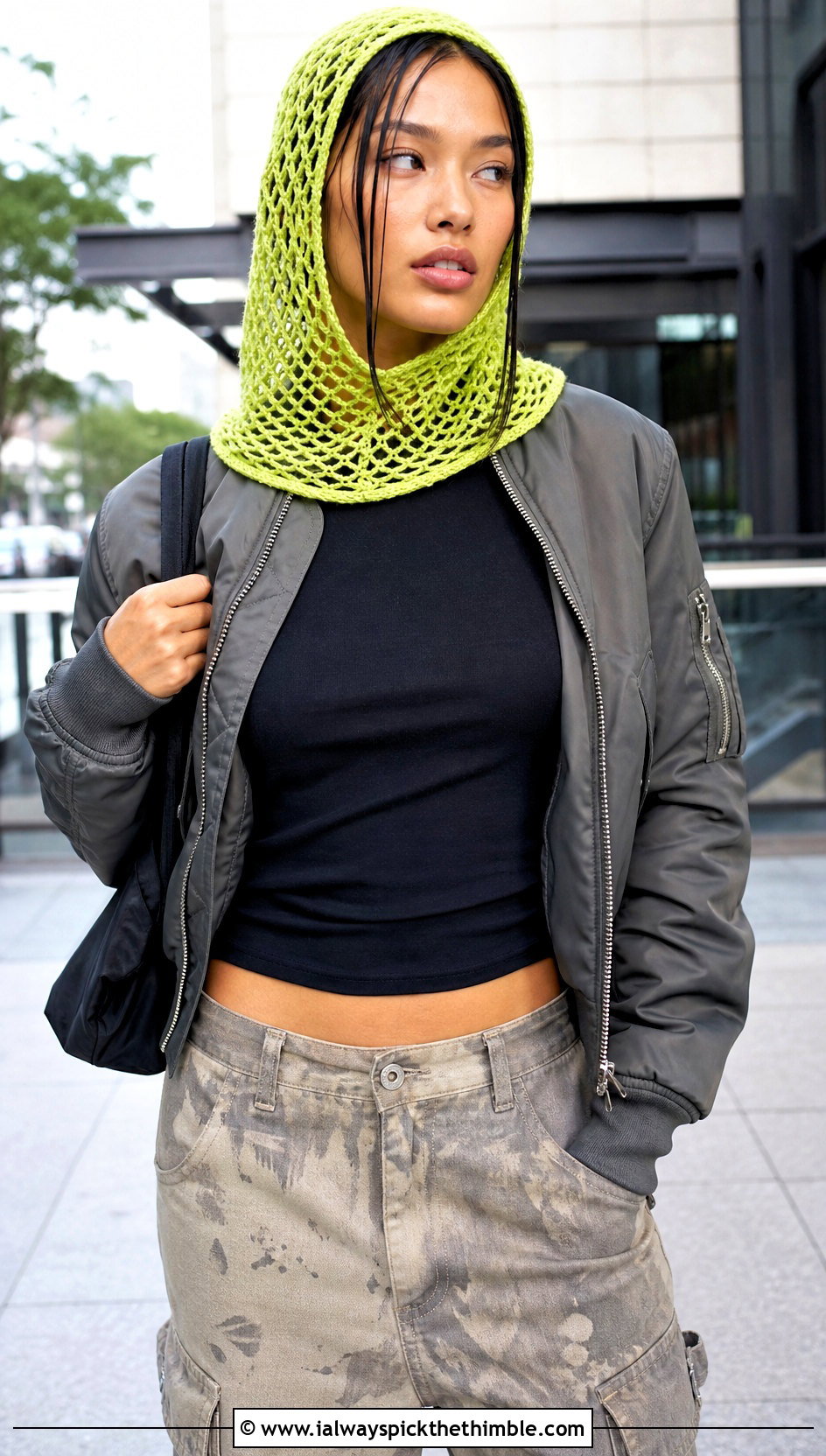 Openwork Hood Bonnet With Cargo Pants - 25 crochet bonnet outfit ideas