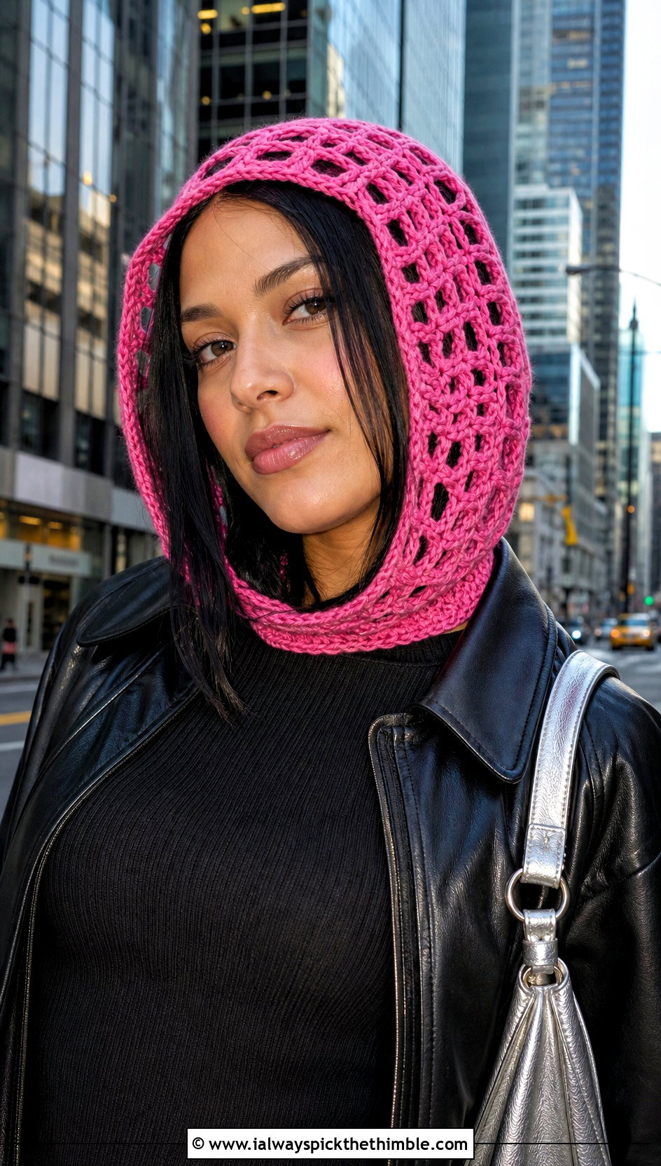 Openwork Hood Crochet Hair Bonnet With Leather Jacket - 20 Crochet Hair Bonnet outfit ideas