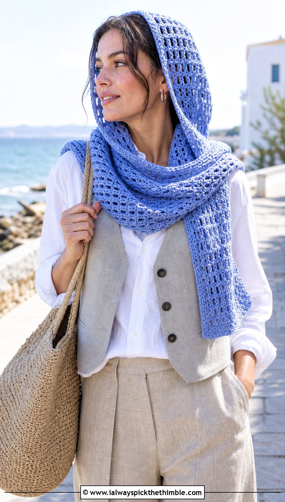 Openwork Hood Scarf With Linen Pants - 25 crochet hood scarf outfit ideas