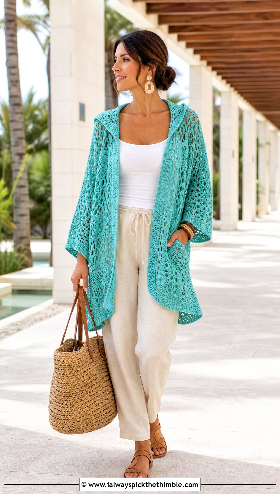 Openwork Hooded Hexagon Cardigan With Linen Trousers - 20 Crochet Hexagon Cardigan With Hood outfit ideas