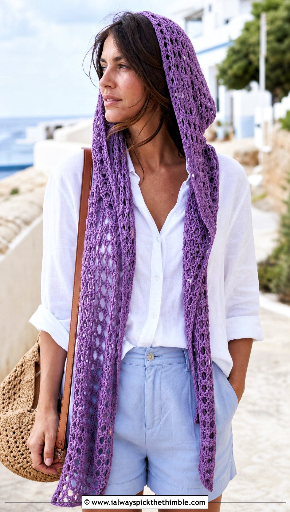 Openwork Hooded Scarf With Linen Shirt And Shorts - 25 crochet hooded scarf outfit ideas
