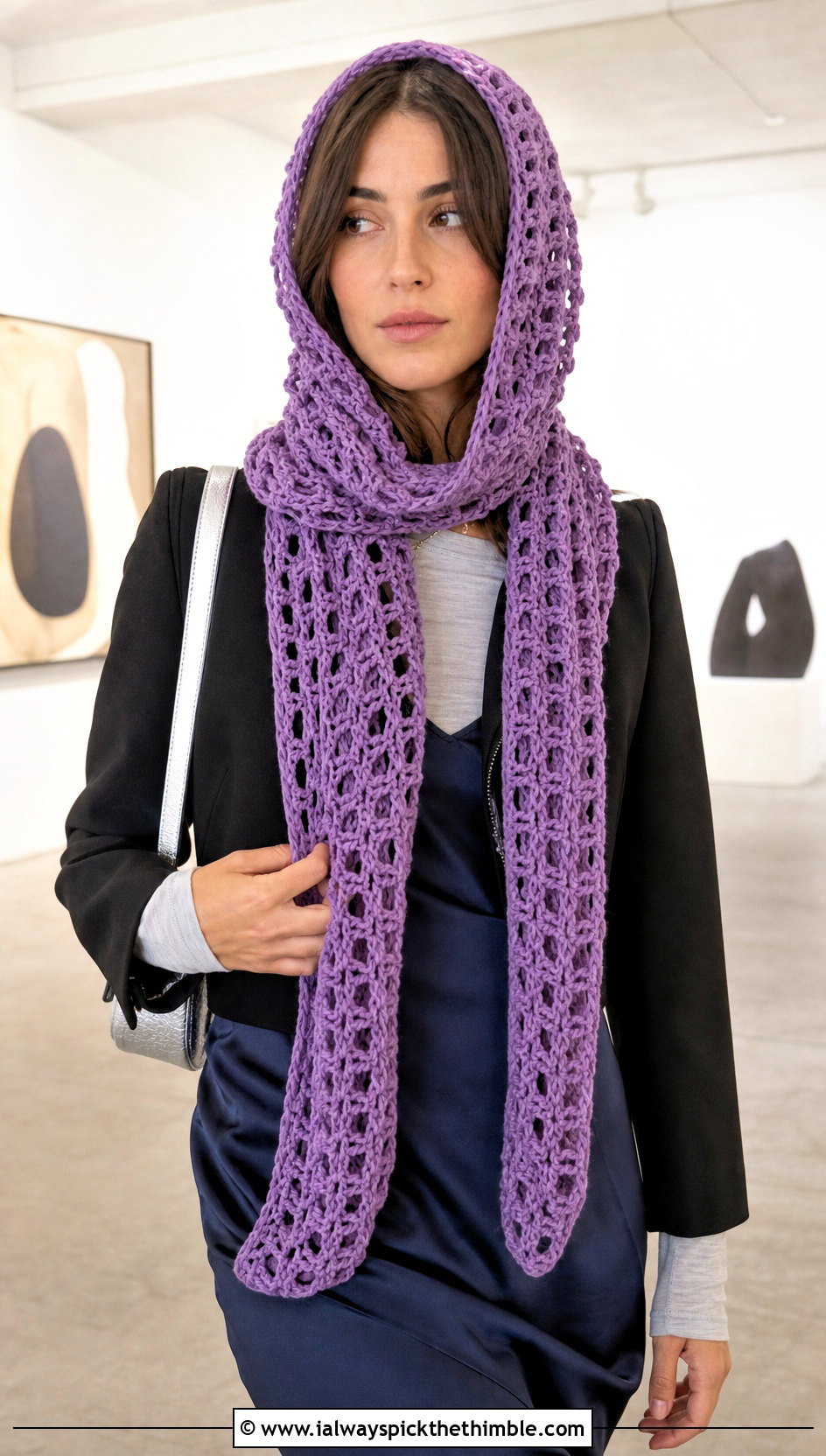 Openwork Hooded Scarf With Slip Dress - 20 Crochet Hoodie Scarf outfit ideas