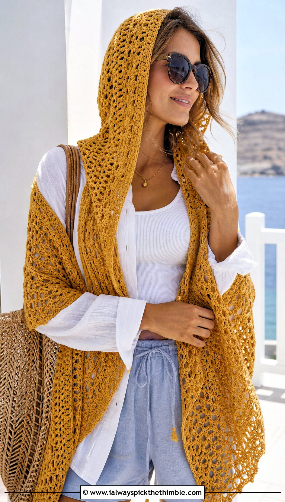 Openwork Hooded Triangle Crochet Shawl With Linen Set - 20 Hooded Triangle Crochet Shawl outfit ideas