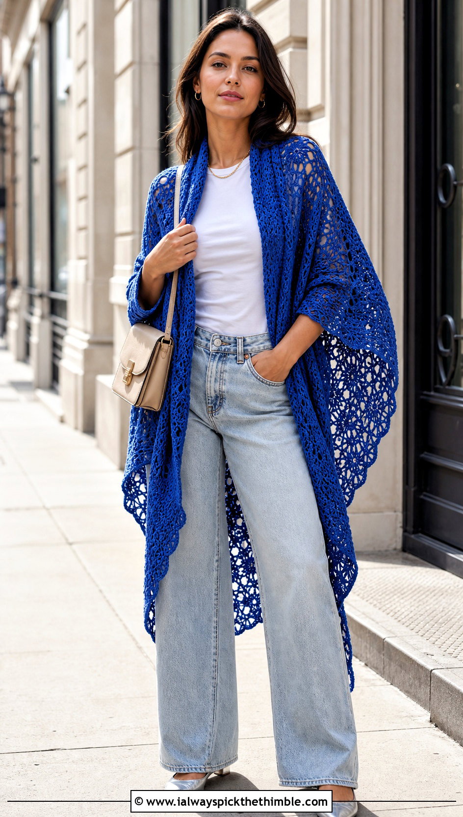 Openwork Lace Crescent Moon Shawl With Wide Leg Jeans - 15 Crochet Moon Shawl outfit ideas