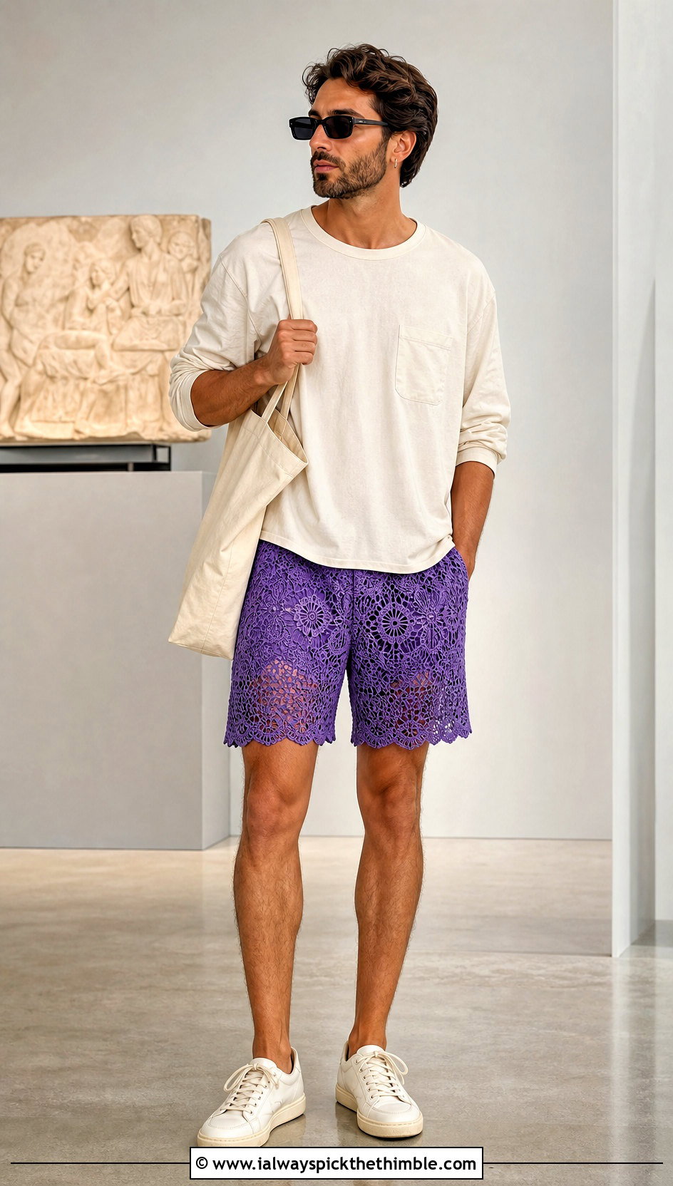 Openwork Lace Crochet Shorts With Long Sleeve Tee - 20 Crochet Shorts Mens outfit ideas