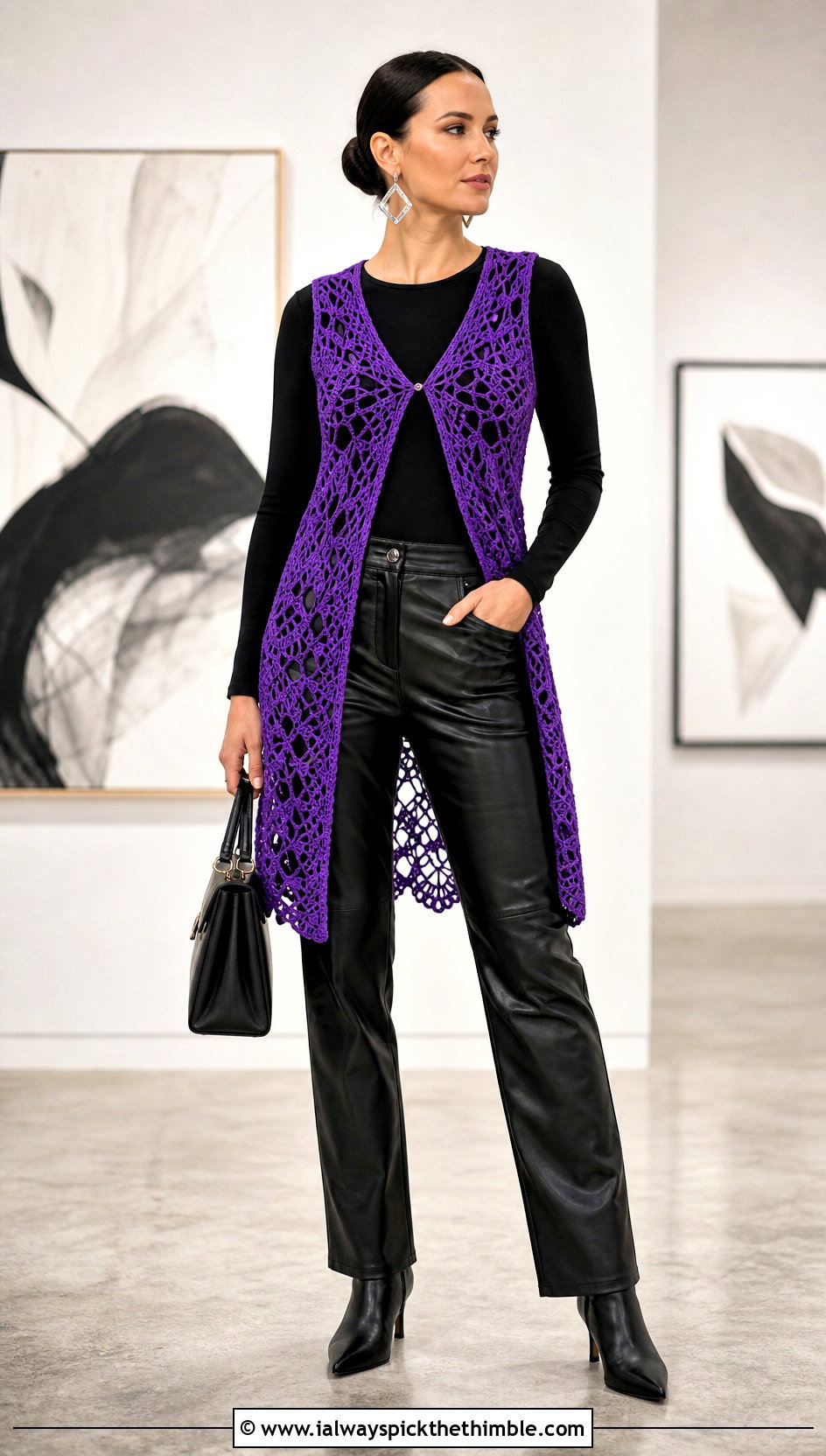 Openwork Lace Crochet Vest With Leather Pants - 25 crochet vests outfit ideas