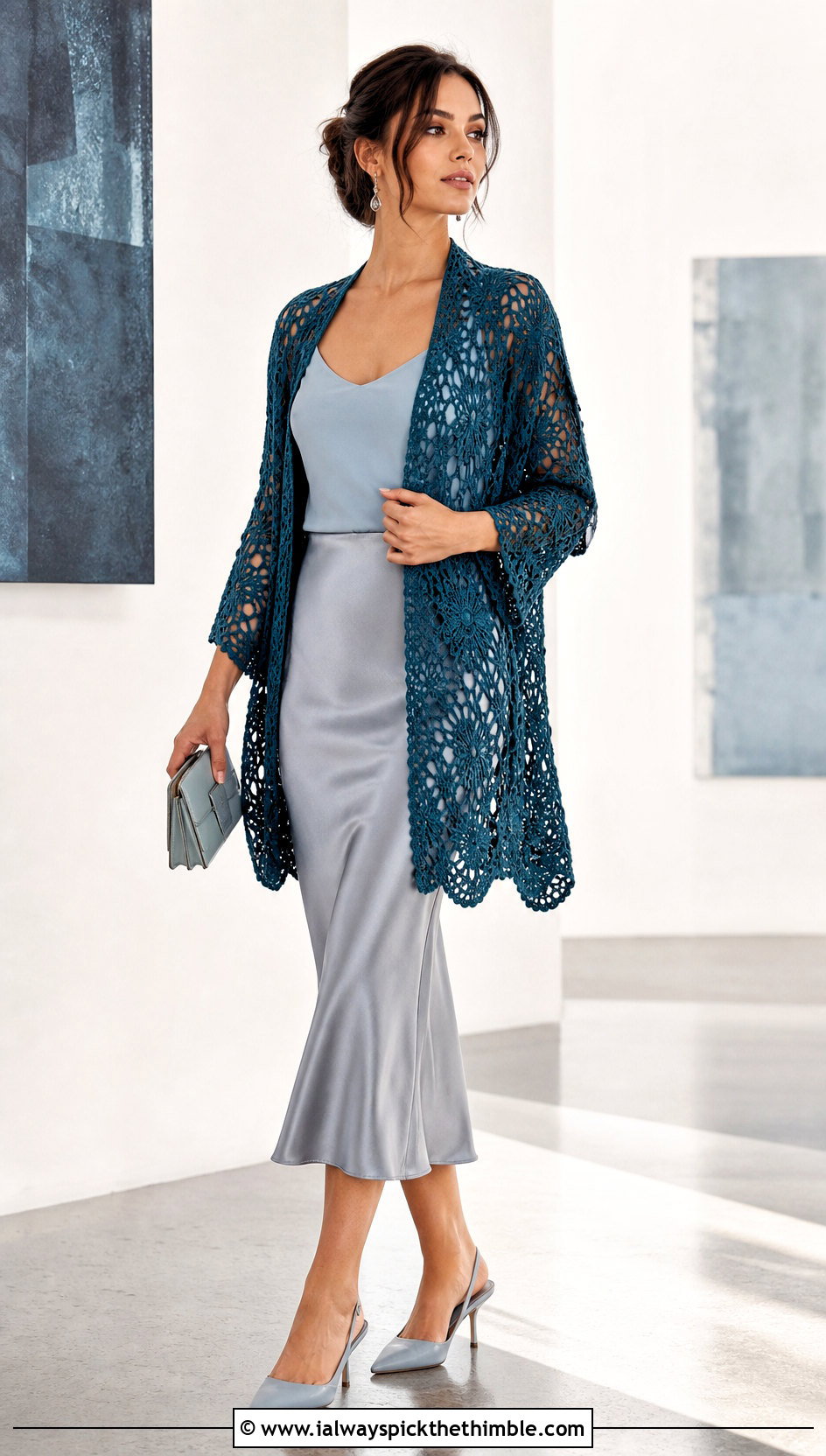Openwork Lace Shawl Crochet Cardigan With Satin Skirt - 20 Shawl Crochet Cardigan outfit ideas