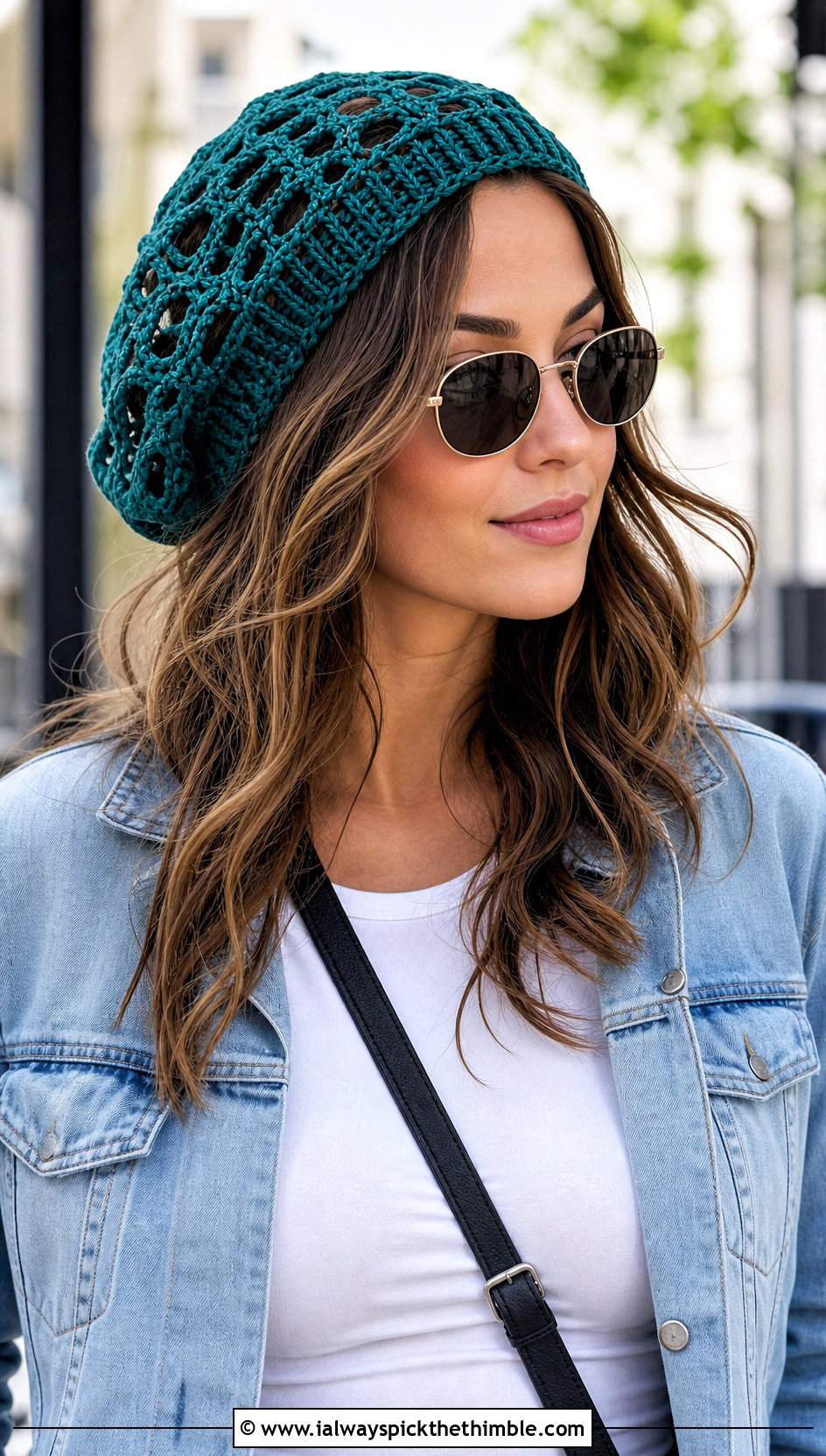 Openwork Lace Slouchy Crochet Beret With Denim Jacket - 20 Slouchy Crochet Beret outfit ideas
