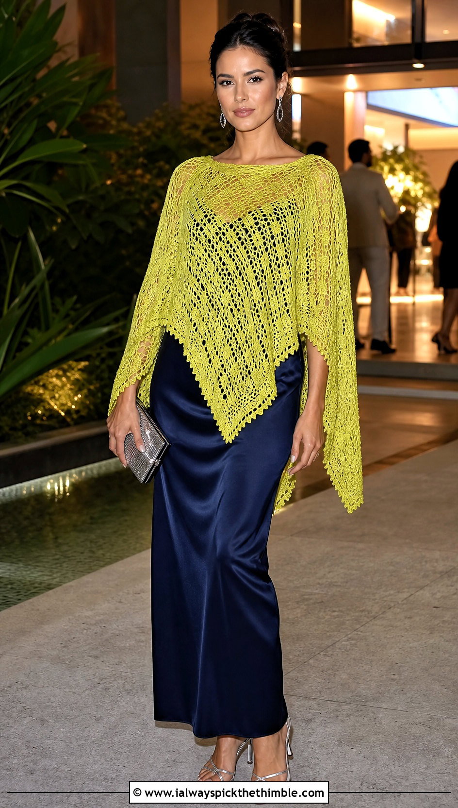 Openwork Lace Square Poncho With Satin Slip Dress - 20 crochet square poncho outfit ideas