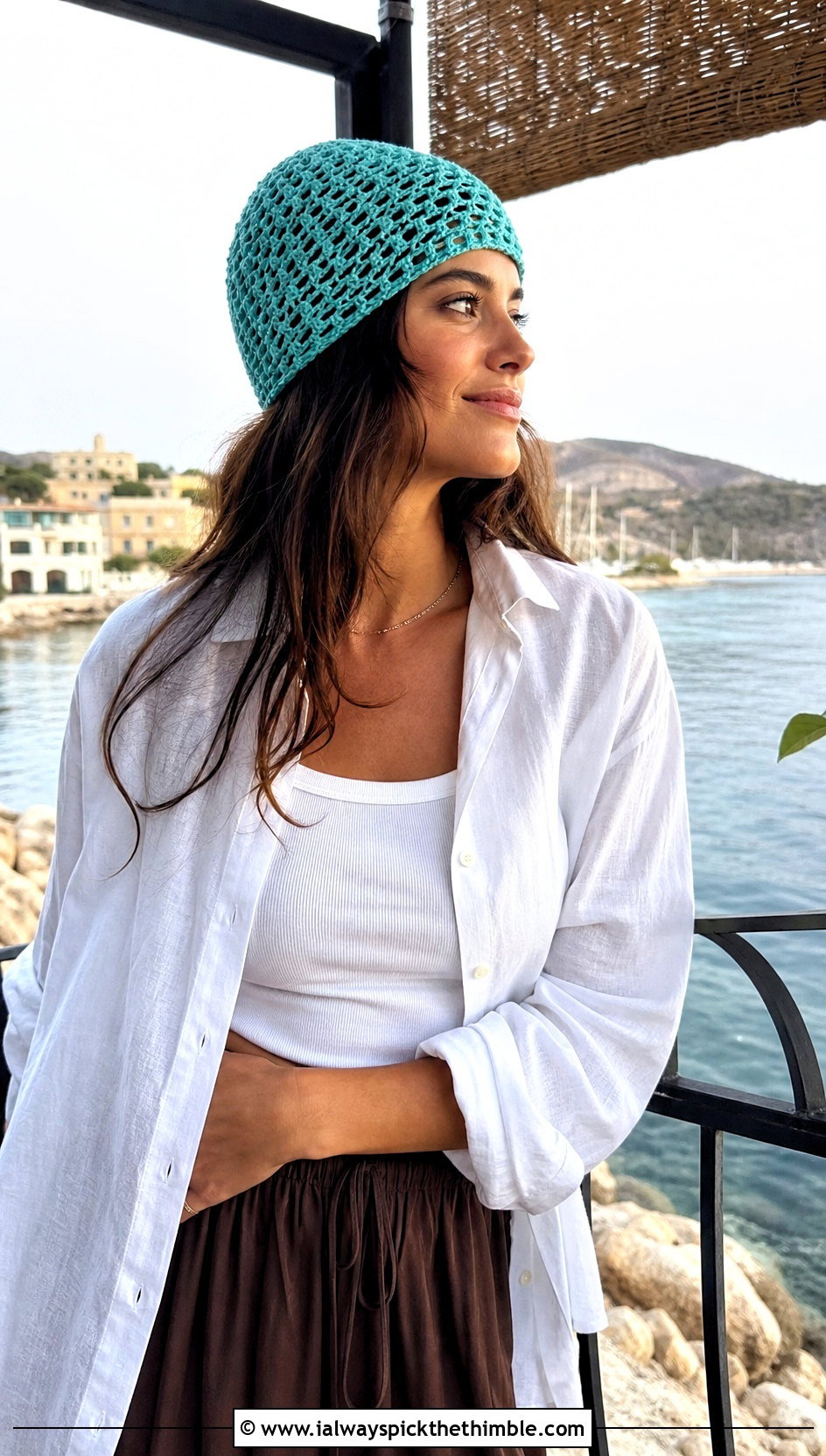 Openwork Mesh Crochet Beanie With Linen Shirt And Maxi Skirt - 25 aesthetic crochet beanie outfit ideas